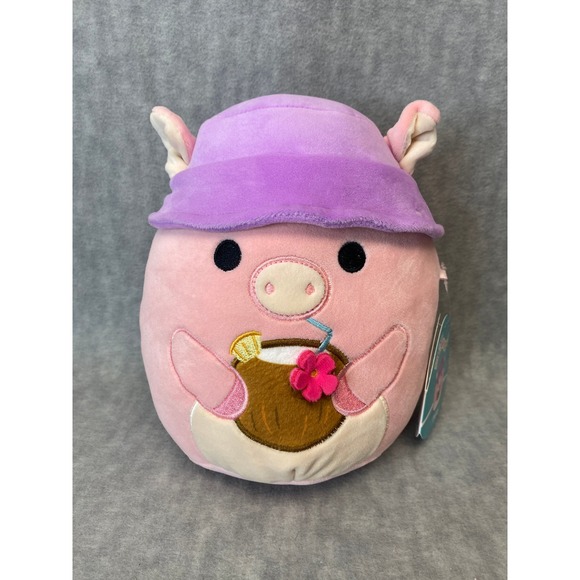 Squishmallow Peter Pig Plush Toy Coconut Drink Lavender Bucket Hat New 7-1/2" - Picture 1 of 5